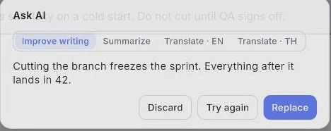 หน้าต่าง Ask AI: Improve writing, Summarize, Translate · EN และ Translate · TH เรียงด้านบน ประโยคที่เขียนใหม่อยู่ข้างล่าง พร้อมปุ่ม Discard, Try again และ Replace