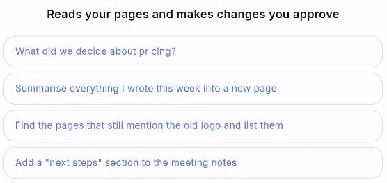 สถานะว่างของผู้ช่วย: หัวข้อ Reads your pages and makes changes you approve อยู่เหนือตัวอย่างคำสั่งสี่อัน