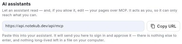 แผง AI assistants: ที่อยู่ MCP ในช่องที่แก้ไขไม่ได้ พร้อมปุ่ม Copy URL อยู่ข้าง ๆ