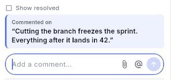 The comments rail: a Show resolved checkbox, the quoted sentence the thread is anchored to under Commented on, and an Add a comment box with paperclip and @ buttons.