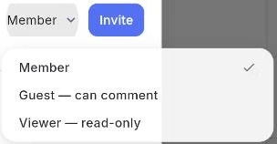 The invite role dropdown open, showing Member, Guest — can comment, and Viewer — read-only.