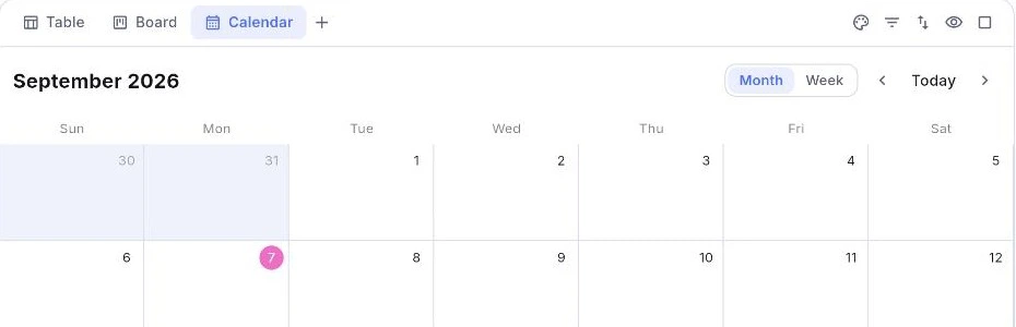 มุมมอง Calendar แสดงเดือนกันยายน 2026 เป็นตารางเดือน พร้อมปุ่ม Month กับ Week และปุ่ม Today