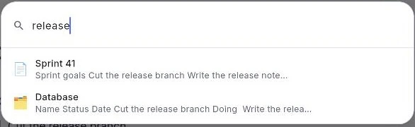 แผงค้นหาที่พิมพ์คำว่า release และมีผลลัพธ์สองรายการ: เอกสารที่แสดงพร้อมข้อความสั้น ๆ จากเนื้อหา และฐานข้อมูลที่แสดงพร้อมชื่อคุณสมบัติและค่าในเซลล์