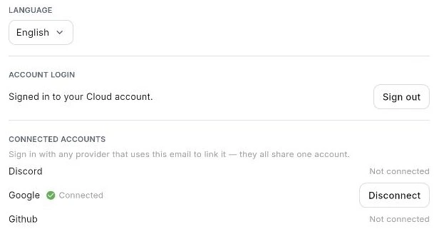 The Account and App panel: a Language dropdown set to English, an Account login row with a Sign out button, and Connected accounts listing Discord, Google and Github.