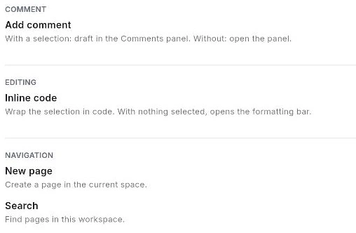 The Shortcuts panel: Add comment under Comment, Inline code under Editing, and New page and Search under Navigation, each with a one-line description.