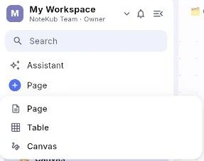 ปุ่ม Page บน sidebar พร้อมเมนูที่เปิดอยู่ มี Page, Table และ Canvas
