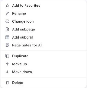 เมนูของแถวหน้า: Add to Favorites, Rename, Change icon, Add subpage, Add subgrid, Page notes for AI, Duplicate, Move up, Move down และ Delete