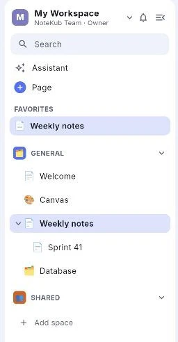 Sidebar ของ NoteKub: หัว workspace, Search, Assistant, Page, หมวด Favorites และ space ชื่อ General กับ Shared โดยมีต้นไม้หน้าอยู่ระหว่างกลาง