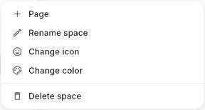 เมนูของหัวข้อ space: Page, Rename space, Change icon, Change color และ Delete space