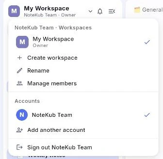เมนูตัวสลับ workspace: หัวข้อ Workspaces ที่บอกชื่อบัญชี ตามด้วย workspace พร้อมบทบาท Create workspace, Rename, Manage members แล้วจึงเป็นหมวด Accounts