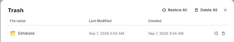 หน้าต่าง Trash: Restore All และ Delete All บนหัว ตามด้วยตารางชื่อไฟล์ แก้ไขล่าสุด และสร้างเมื่อ พร้อมปุ่มกู้คืนและลบถาวรบนแถว